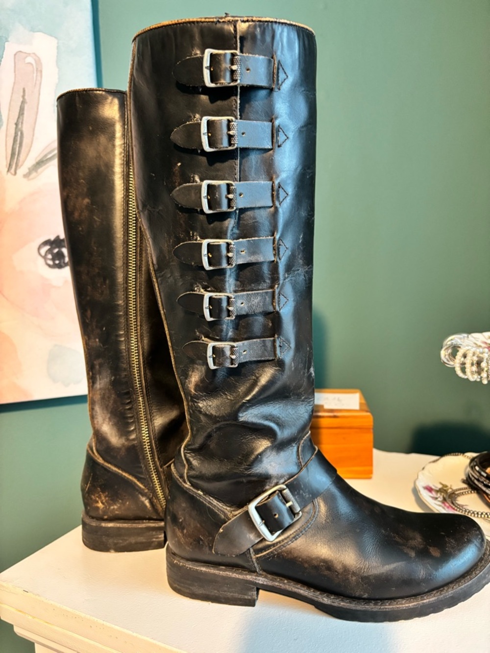 Frye Women's Black Buckle-Accent Tall Riding Boots